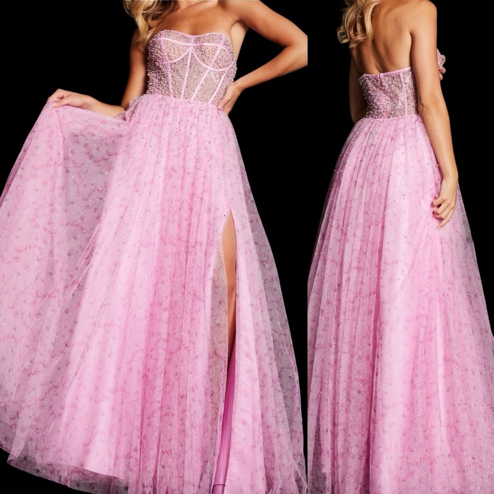 JOVANI 36477 | Pink Floral Tulle Gown | Pearl / Rhinestone / Glitter | 12